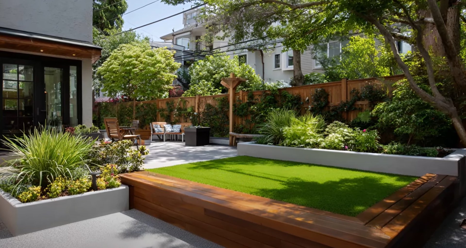 Expert landscape design and installation services in St Louis Park Professional landscape design with modern outdoor seating area and lush garden plantings