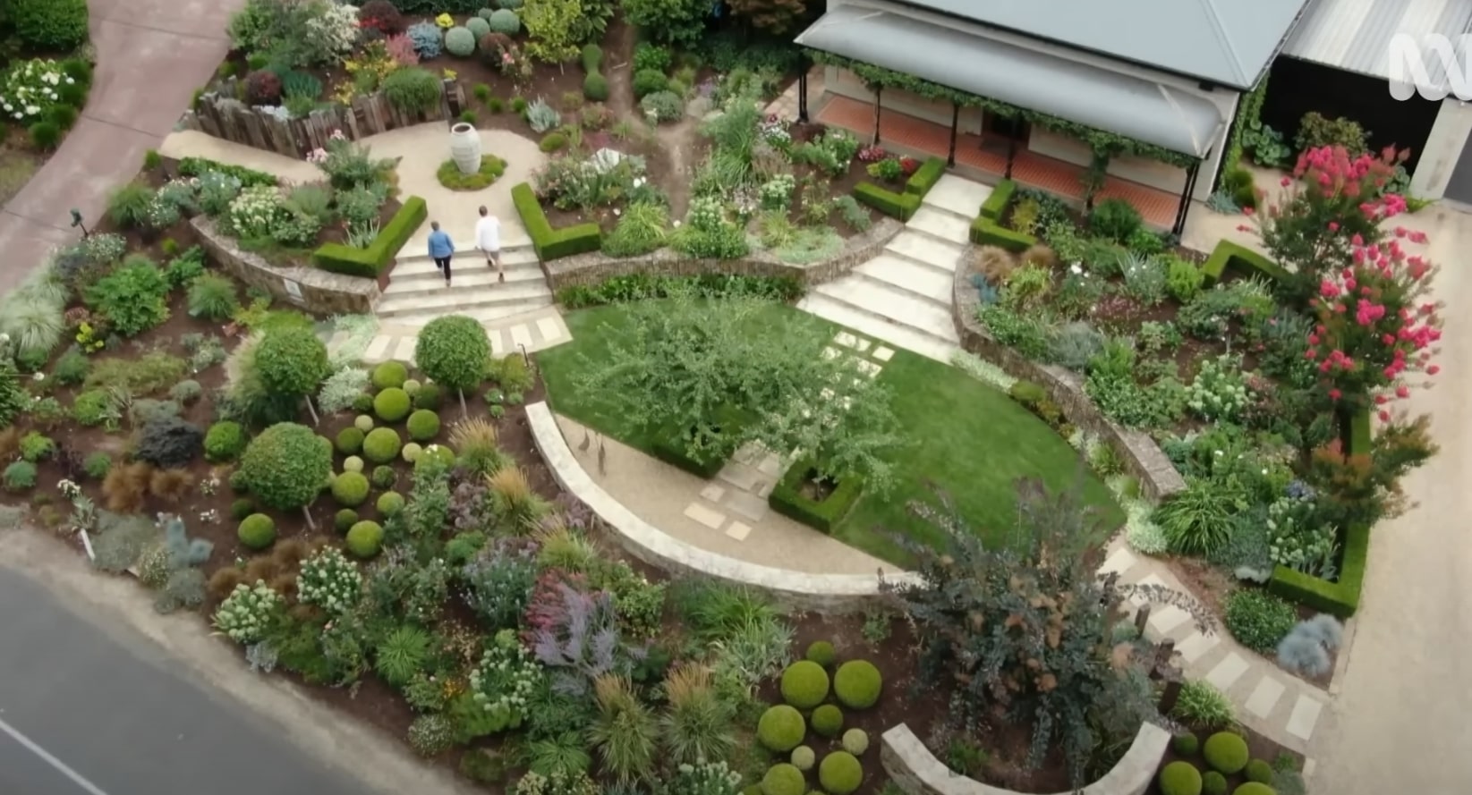 Master landscape design showcasing curved garden beds and sophisticated plant arrangements Aerial view of elaborate garden design with curved pathways and diverse plant collections